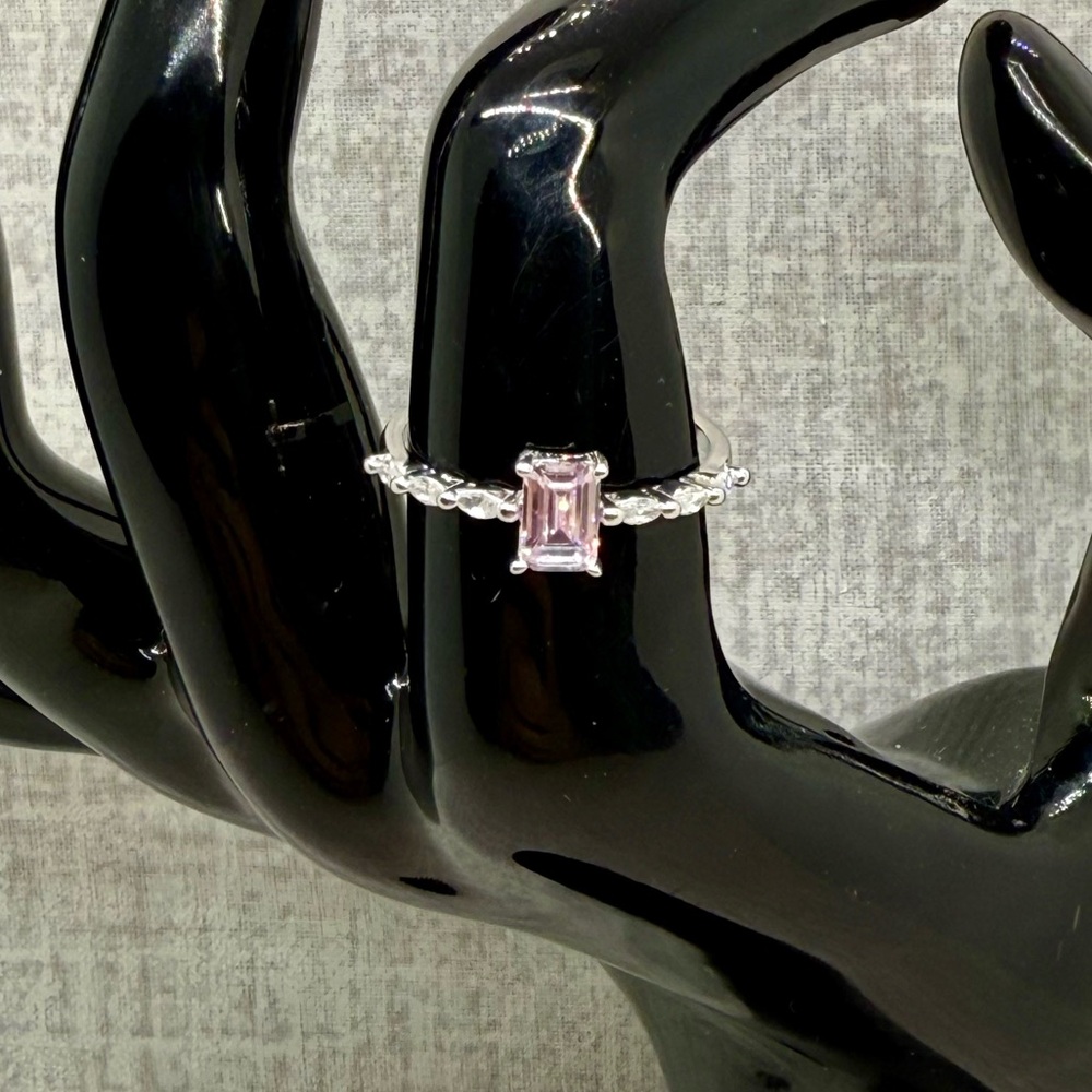 NWT Sterling Silver & Pink CZ Emerald Cut Ring, Size 7